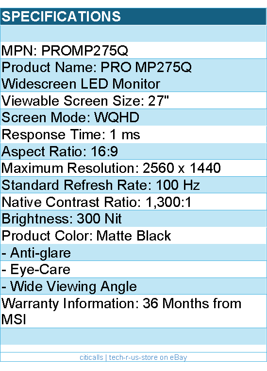 MSI PROMP275Q 27" Class WQHD LED Monitor - 16:9 - Matte Black