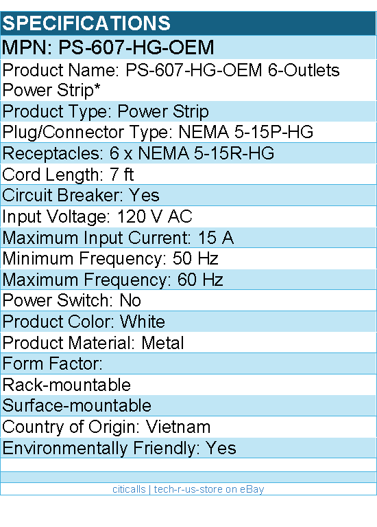 Eaton Tripp Lite Series PS-607-HG-OEM Safe-IT UL 1363A Medical-Grade Power Strip