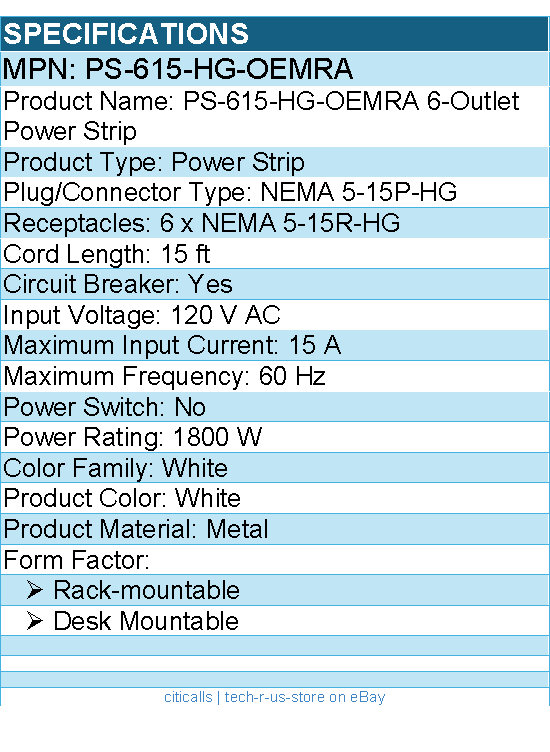 Eaton Tripp Lite Series PS-615-HG-OEMRA 6-Outlet Power Strip - White
