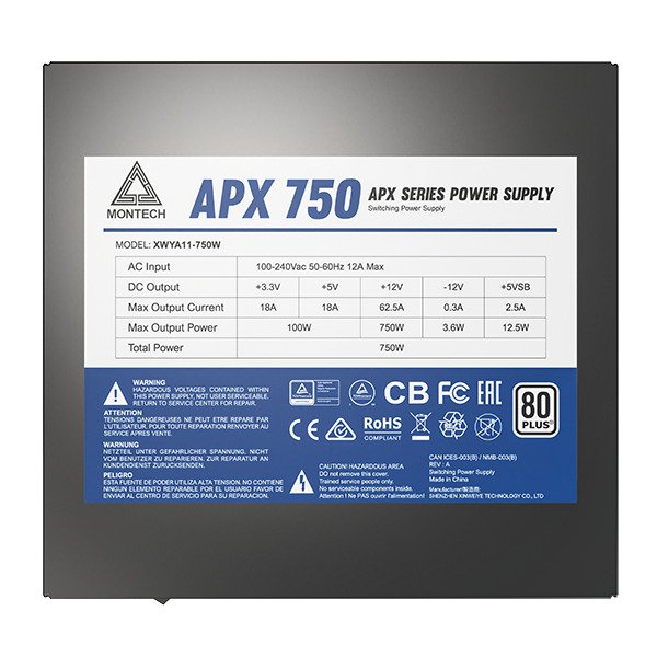 Montech APX 750W ATX12V 80 Plus Power Supply 100-240VAC SATA PCIE 6+2 PIN 20+4