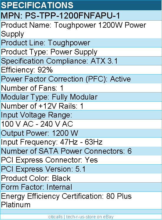 Thermaltake PS-TPP-1200FNFAPU-1 Toughpower 1200W Power Supply