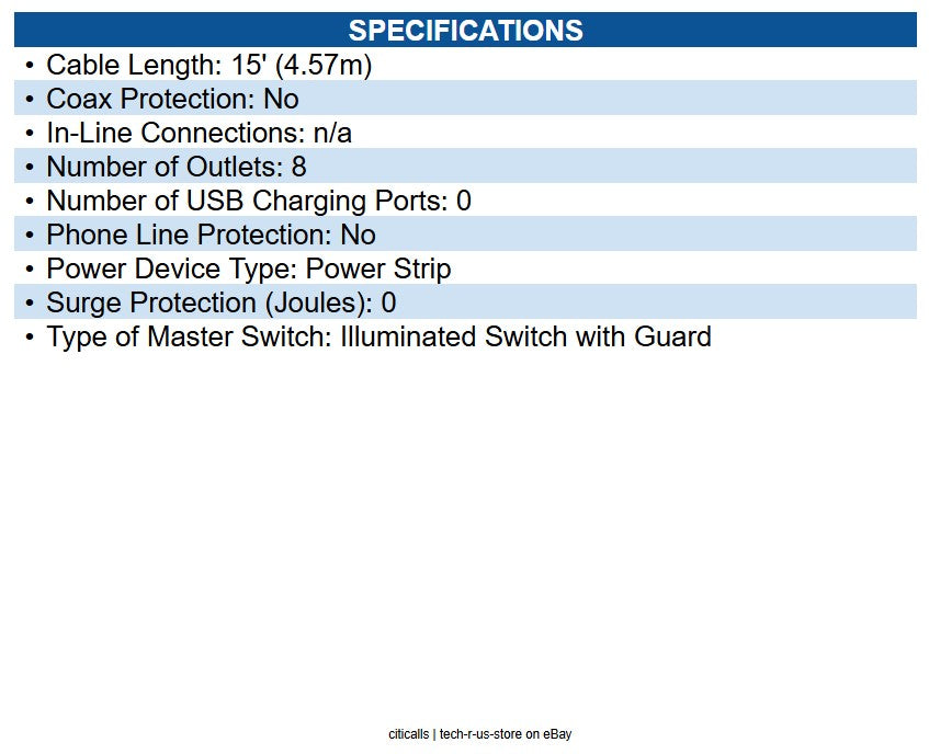 Eaton PS2408B 8-Outlet Vertical Power Strip 120V, 15A, NEMA 5-15P, 15 ft. 4.57 m