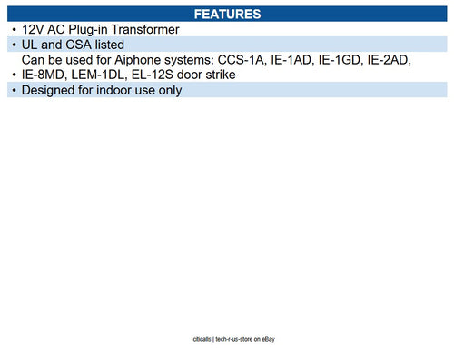 Aiphone PT-1210NA 12V AC Plug-In Transformer, Class 2