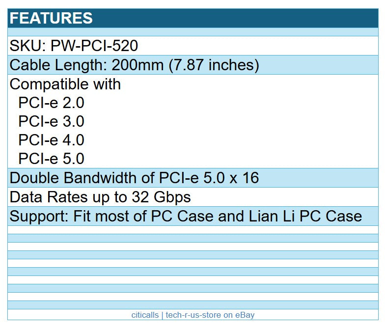 Lian Li PW-PCI-520 PCIE 5.0 4.0 16X Riser Extension Cable Double Bandwidth Black