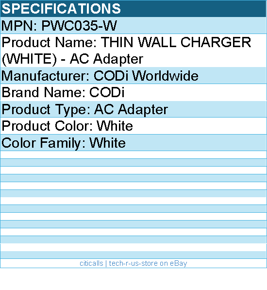 Codi PWC035-W THIN WALL CHARGER (WHITE) - AC Adapter