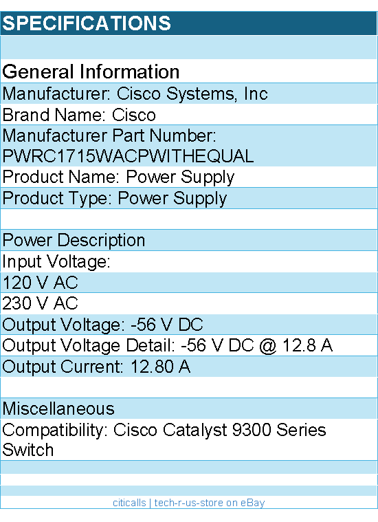 Cisco PWRC1715WACPWITHEQUAL Power Supply - 120 V AC, 230 V AC Input