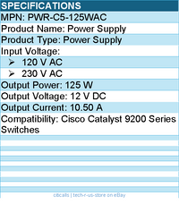 Cisco PWR-C5-125WAC Power Supply - 120 V AC, 230 V AC Input - 12 V DC Output