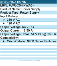 Cisco PWR-C5-1KWAC= Power Supply for Cisco Catalyst 9200 Series Switches
