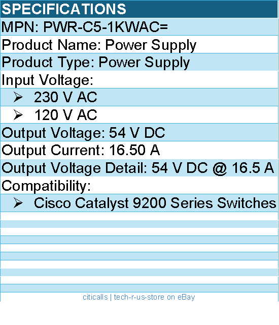 Cisco PWR-C5-1KWAC= Power Supply for Cisco Catalyst 9200 Series Switches