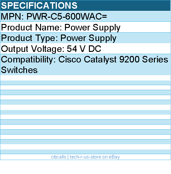 Cisco PWR-C5-600WAC= Power Supply - 54 V DC for Catalyst 9200 Series Switches