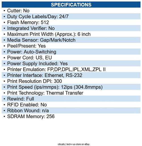 Honeywell PX65A00000010300 PX65 TT Printer [300dpi, Ethernet, Internal Rewind