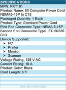 StarTech PXT101 6ft 1(1.8m) Computer Power Cord, NEMA 5-15P to C13, 10A 125V