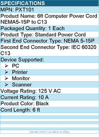 StarTech PXT101 6ft 1(1.8m) Computer Power Cord, NEMA 5-15P to C13, 10A 125V