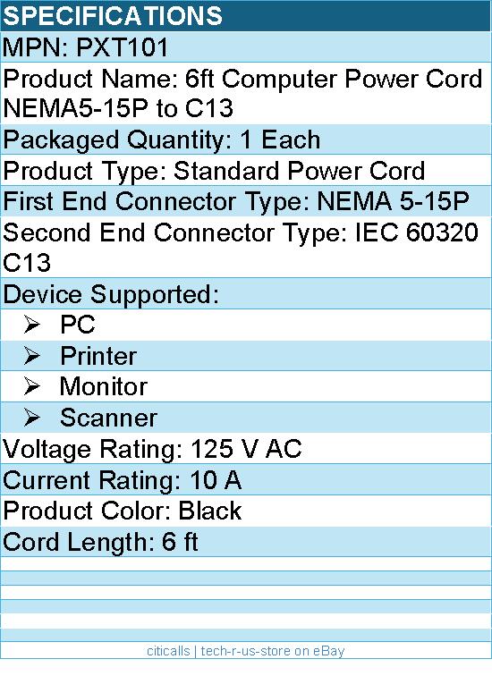 StarTech PXT101 6ft 1(1.8m) Computer Power Cord, NEMA 5-15P to C13, 10A 125V