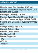 StarTech PXT101 6ft Standard Computer Power Cord - NEMA5-15P to C13 Retail