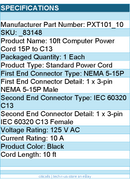 StarTech PXT101_10 10 ft Standard Computer Power Cord-NEMA5-15P to C13 Retail