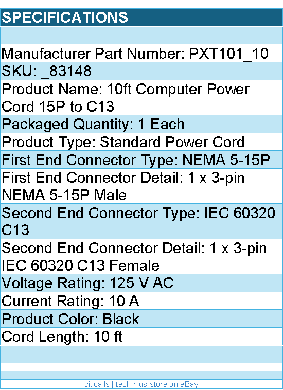 StarTech PXT101_10 10 ft Standard Computer Power Cord-NEMA5-15P to C13 Retail