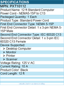 StarTech PXT10112 12ft (3.6m) Computer Power Cord, NEMA 5-15P to C13, 10A 125V