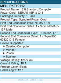 StarTech PXT10112 12ft (3.6m) Computer Power Cord, NEMA 5-15P to C13, 10A 125V