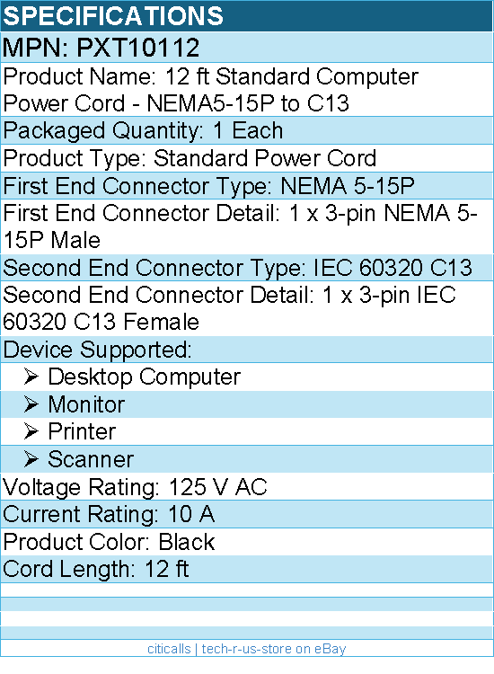 StarTech PXT10112 12ft (3.6m) Computer Power Cord, NEMA 5-15P to C13, 10A 125V