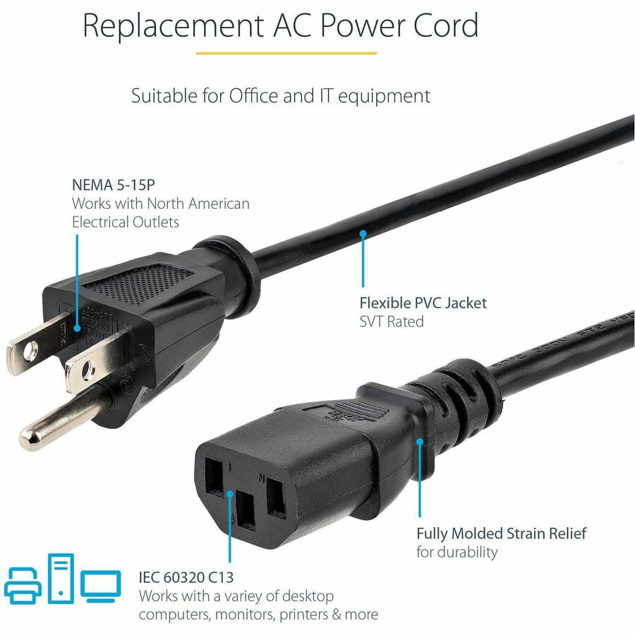 StarTech PXT10112 12ft (3.6m) Computer Power Cord, NEMA 5-15P to C13, 10A 125V
