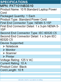 StarTech PXT101NB3S10 10ft  Laptop Power Cord, NEMA 5-15P to C5 (Clover Leaf)
