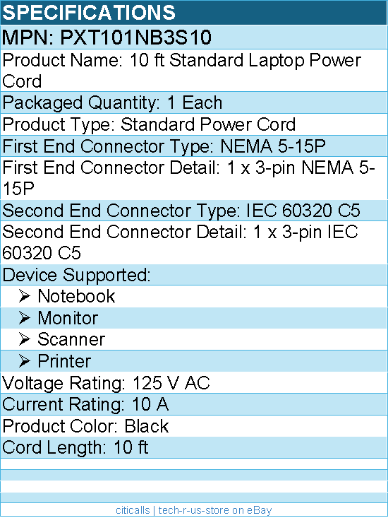 StarTech PXT101NB3S10 10ft  Laptop Power Cord, NEMA 5-15P to C5 (Clover Leaf)