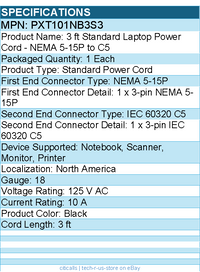StarTech PXT101NB3S3 3ft Laptop Power Cord, NEMA 5-15P to C5 (Clover Leaf), 125V