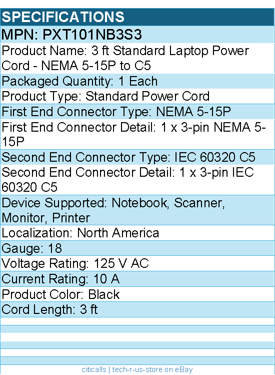 StarTech PXT101NB3S3 3ft Laptop Power Cord, NEMA 5-15P to C5 (Clover Leaf), 125V
