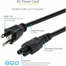 StarTech PXT101NB3S3 3ft Laptop Power Cord, NEMA 5-15P to C5 (Clover Leaf), 125V