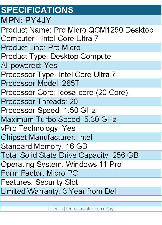 Dell PY4JY Pro Micro QCM1250 Desktop Computer - Intel Core Ultra 7