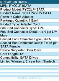 StarTech PYO2LP4SATA 12in LP4 to 2x SATA Power Y Cable Adapter