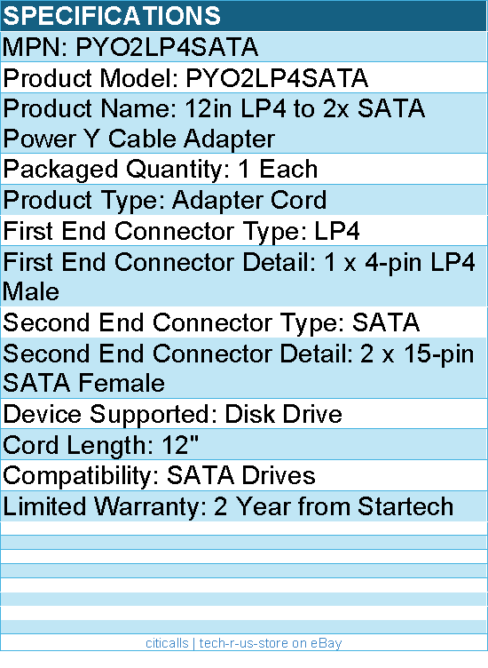 StarTech PYO2LP4SATA 12in LP4 to 2x SATA Power Y Cable Adapter
