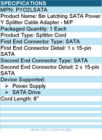 StarTech PYO2LSATA 6in Latching SATA Power Y Splitter Cable Adapter - M/F