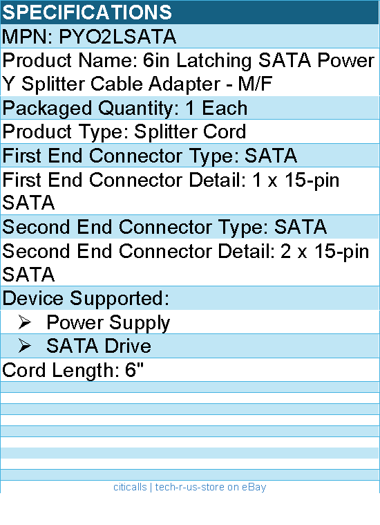StarTech PYO2LSATA 6in Latching SATA Power Y Splitter Cable Adapter - M/F