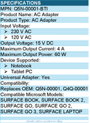 BTI Q5N-00001-BTI 15V 65W AC Adapter for MICROSOFT SURFACE BOOK, BOOK 2, GO 3