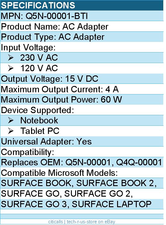 BTI Q5N-00001-BTI 15V 65W AC Adapter for MICROSOFT SURFACE BOOK, BOOK 2, GO 3
