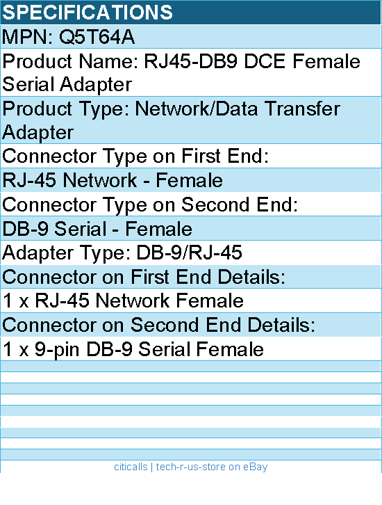 HPE Q5T64A RJ45-DB9 DCE Female Serial Adapter - 1 x RJ-45 Network Female
