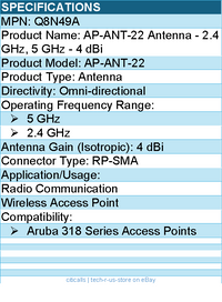 HPE Q8N49A AP-ANT-22 Antenna - 2.4 GHz, 5 GHz For Aruba 318 Series Access Points