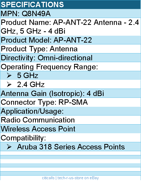 HPE Q8N49A AP-ANT-22 Antenna - 2.4 GHz, 5 GHz For Aruba 318 Series Access Points