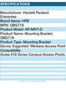 HPE Q9G71A AP-MNT-D Mounting Bracket for Aruba 510 Series Campus Access Points