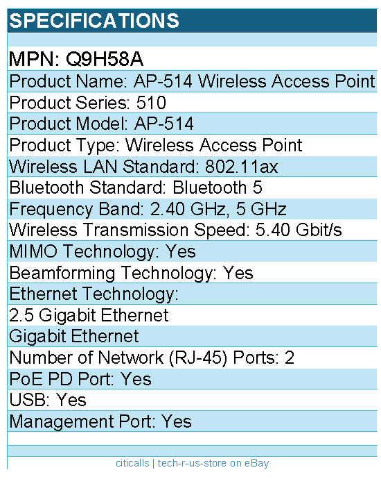 HPE Q9H58A AP-514 802.11ax 5.40 Gbit/s Wireless Access Point - 2.40 GHz, 5 GHz