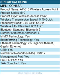 HPE Q9H63A AP-515 Wireless Access Point - 5.40 Gbit/s - 2.40 GHz, 5 GHz