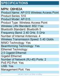 HPE Q9H63A AP-515 Wireless Access Point - 2.40 GHz, 5 GHz - 2 x Network (RJ-45)