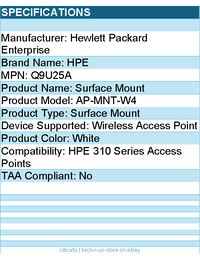 HPE Q9U25A AP-MNT-W4 Surface Mount for Wireless Access Point - White
