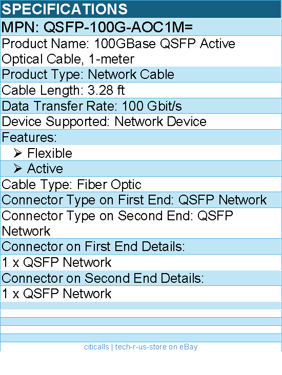 Cisco QSFP-100G-AOC1M= 100GBase QSFP Active - 3.28 ft Fiber Optic Network Cable