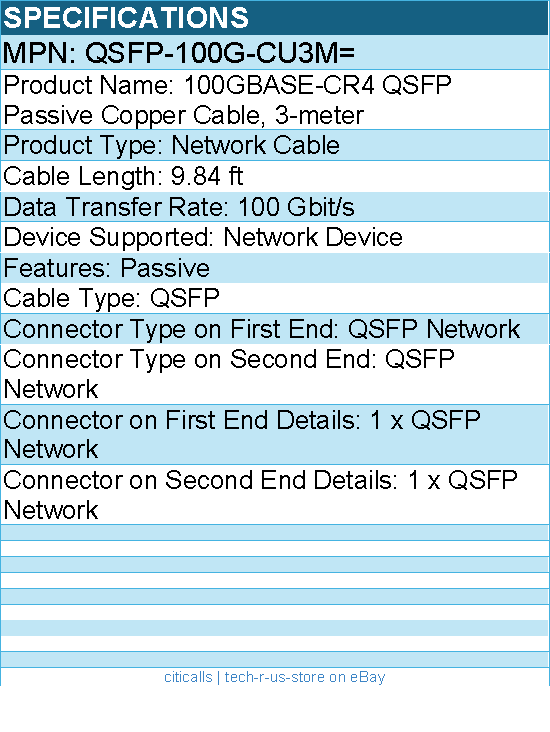Cisco QSFP-100G-CU3M= 100GBASE-CR4 QSFP Passive 9.84 ft QSFP Network Cable