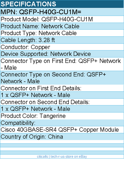 Cisco QSFP-H40G-CU1M= 3.28 ft Network Cable for Network Device