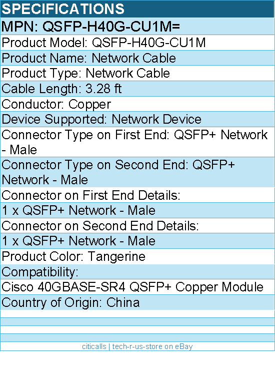 Cisco QSFP-H40G-CU1M= 3.28 ft Network Cable for Network Device