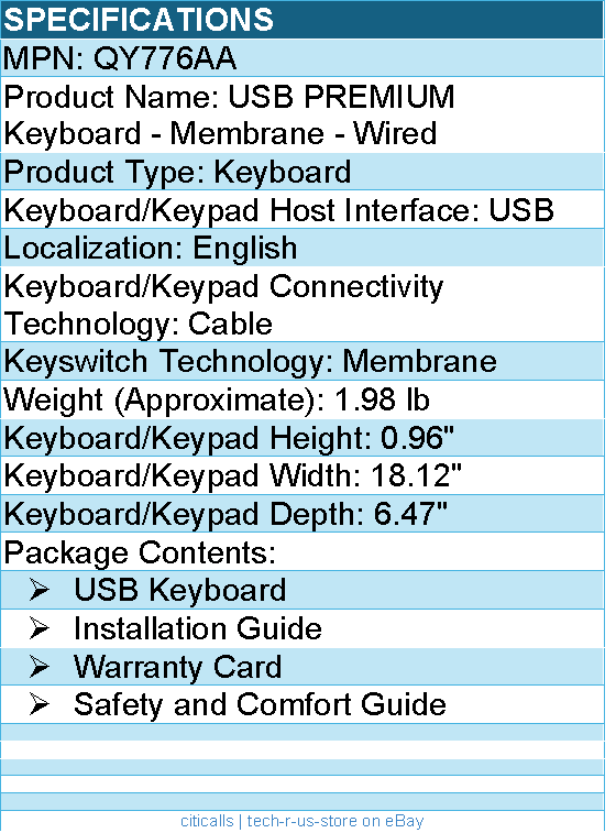 HPI QY776AA USB PREMIUM Keyboard - Membrane - Wired - For PC